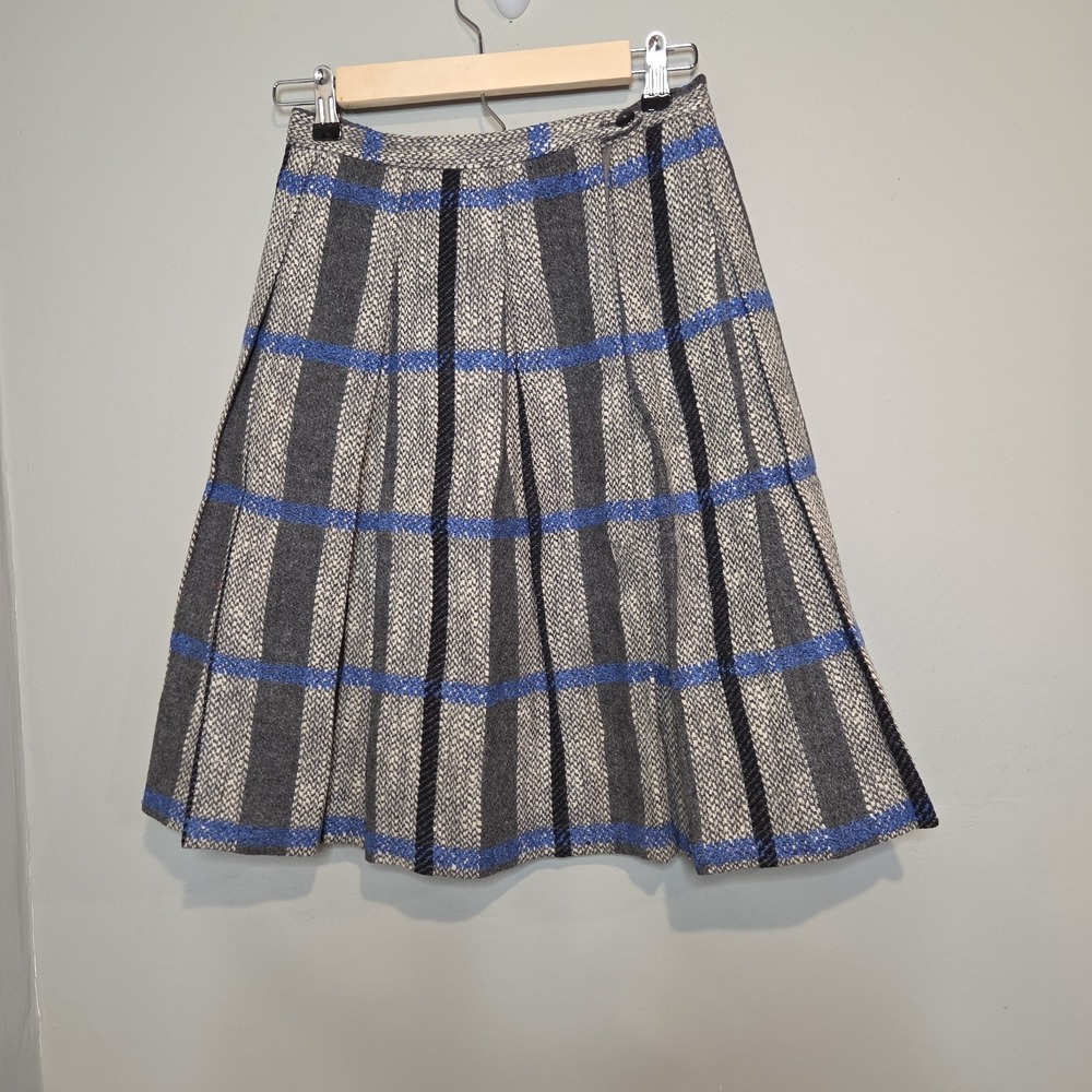 Dark Academia Vintage Plaid Pleated Skirt Womens Small Blue Grey Wool Blend